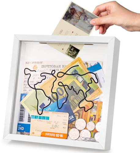 WISYOK Adventure Archive - Marco de 8 x 8 pulgadas, caja de recuerdos de viaje con ranura y diseño de mapa del mundo, caja de sombra de boletos, marco de caja para dinero, fondo de vacaciones,