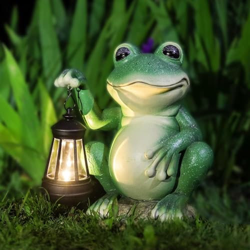 Wowlela Solar Outdoor Frog Statue, Solar Frog Figurine with LED Handheld Lantern, Waterproof Hand-Painted Frog Solar Garden Statue Ornament Decor for Pathway Yard Lawn Patio, Housewarming Gift