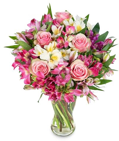 Luxury Peruvian Lily and Rose Bouquet – Handcrafted Fresh Flowers Featuring Cerise, Pink, White and Yellow Alstroemeria with Belle Roses – Long-Lasting Gift for Birthday, Anniversary or Any Occasion
