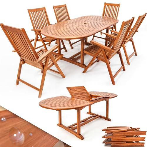Casaria® Gartenmöbel Set Holz 6 Stühle mit Tisch Wetterfest FSC®-Zertifiziert Schirmständer Armlehnen Klappstühle Garten Terrasse 7-TLG. Eukalyptus