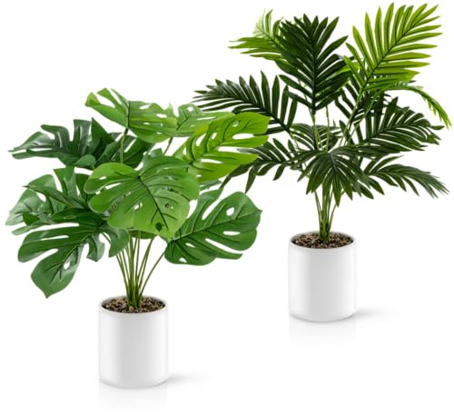 PASCH Juego de 2 palmeras artificiales Monstera y areca (60 cm) en macetas de cerámica blancas: plantas artificiales grandes, plantas artificiales como auténticas, plantas artificiales en maceta