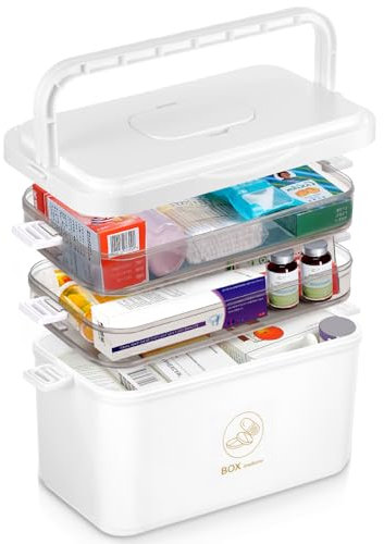 MICHIHOMIE 3-Tier Medikamenten Aufbewahrung, Stöckige Medizinbox Tragbar, Hausapotheke Box mit Tragegriff, Medikamentenbox Groß, Multifunktions Medizin Organizer, 30 x 24 x 16.5cm (Weiß)