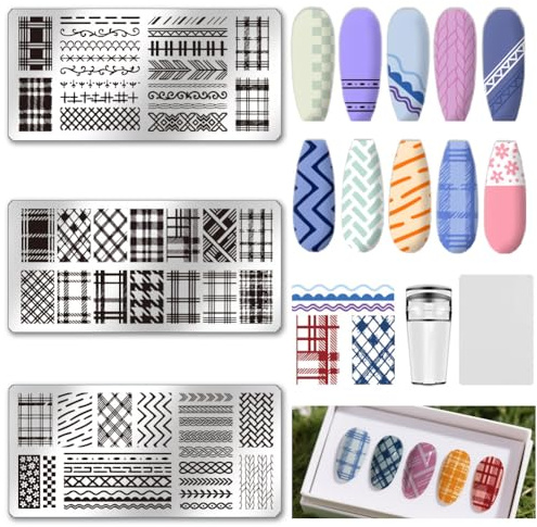 UNICRAFTALE 3Pcs Conjunto de Placas de Stencil para Uñas Textura de Rejilla Plantillas para Uñas a Cuadros Modelo de Stencil para Nail Art con Raspador para Mujeres Herramientas de Diseño de Uñas