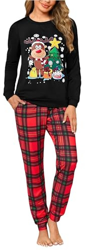 Marvmys Pijamas Mujer Invierno Pijamas de Manga Larga Navideños Conjunto de Pijama Algodón Ropa de Dormir para Mujer con Bolsillos y Cordón