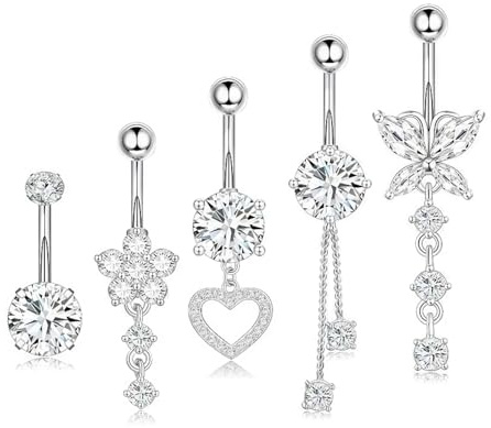 RUGBOL 5 Piercing per ombelico a barretta, Piercing per ombelico a forma di fiore, cuore, farfalla e catena in acciaio inox per donna e ragazza (Acciaio)