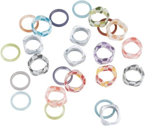 SUNNYCLUE 1 caja de 24 anillos de Nudillos de 3 estilos, de Plástico, de Resina Acrílica, de Colores Variados, Gruesos, Modernos, con Estampado de Cuadros, Finos, Apilables, para la Articulación de lo