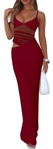 BORIFLORS Women's Sexy Bodycon V Neck Spaghetti Strap Maxi Dress Elegant Backless Cocktail Evening Party Long Formal Dresses Wine Red