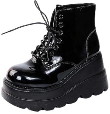 Edelaura Bottines à Lacets Élégantes pour Femmes Style Gothique Punk Bottes de Moto Plateforme Cuir Vernis Noir Bottines Confortables pour Loisirs à Talon Compensé