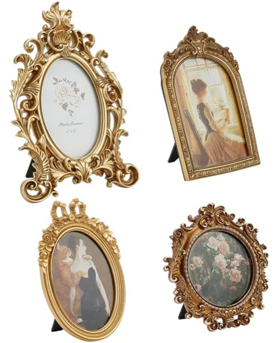 INTERWARM 4 petit Cadre Photo Vintage Doré Cadres Photo Antiques Cadres Photo Baroques avec Façade en Verre Présentoir de Table Décoration de Mariage pour la Maison Fête Mariage Vacances Noël