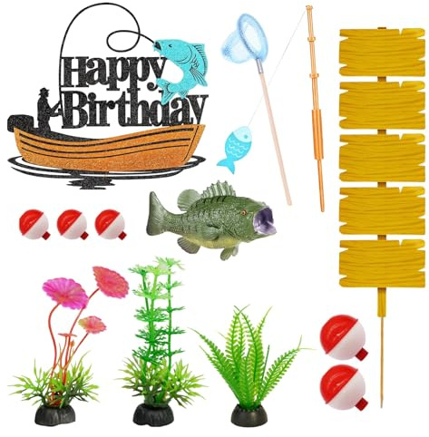 LIULINY 17 Piezas Adornos Cumpleaños de Pesca, DIY Pesca Decoración Tartas