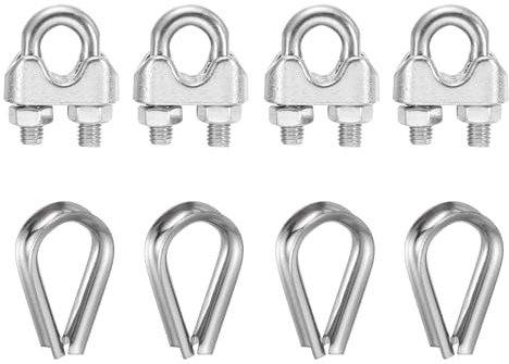 sourcing map 4Set Wire Rope Cable Clip Clamps 3/16 Inch M5 Small 304 Stainless Steel U Bolt Saddle Fasteners Hardware with Thimble for Secure Rigging Marine Guy Line Fence Clothesline, Silver