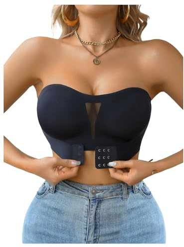 GORGLITTER Women's Bandeau Strapless Bras Push Up Bra Wireless Front Fastening Bralette Seamless Soft Comfort Padded Everyday Bra Black XL