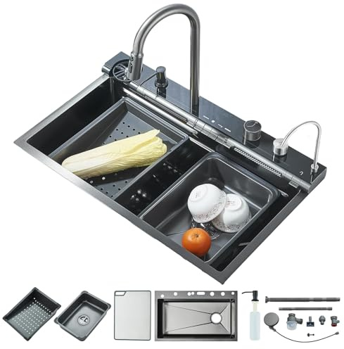 Harnart Noir Nouveau Style Évier de cuisine en acier inoxydable 304 avec robinet extractible Grand évier simple Affichage numérique intégré Lave-tasses Distributeur de savon Robinetterie