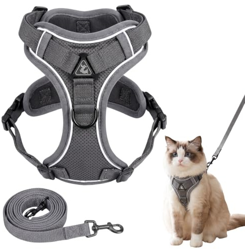 Cat Harness and Lead Set, Breathable Cat Lead and Harness Set with Reflective Strips, Adjustable Escape Proof Cat Leash for Cats Small Dogs Pets Walking (Grey, M)