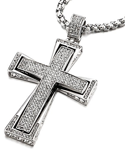 COOLSTEELANDBEYOND Men's Stainless Steel Iced-Out Cross Pendant Necklace With Wheat Chain, Cubic Zirconia Pavé, Hip Hop Street Style Gift