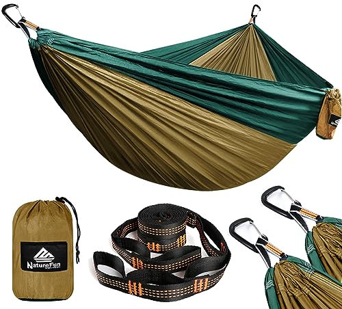 NATUREFUN Ultraleichte Reise Camping Hängematte | 300kg Tragkraft (300 x 200 cm) Atmungsaktiv, Schnelltrocknendes Fallschirm Nylon | 2 x Premium Karabiner, 2 x Nylon-Schlingen Inbegriffen | Draußen
