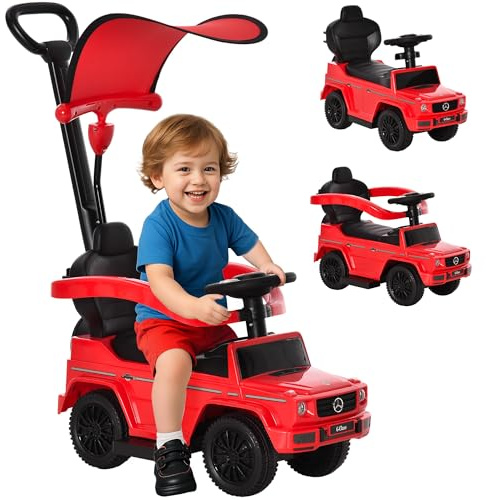 HOMCOM Porteur Enfants Voiture Enfant Multi-équipée 12-36 Mois klaxon Marche-Pieds, Garde-Corps et ombrelle Rouge