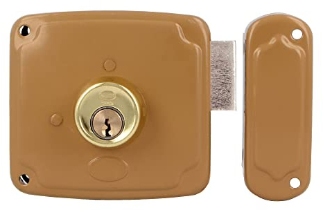 Amig - Cerradura de Sobreponer de Derecha con Palanca de Cierre y Lengüeta para Puertas de Madera Mod. 72PU 100 x 95 mm Pestillo con Cilindro Redondo Acero Dorado