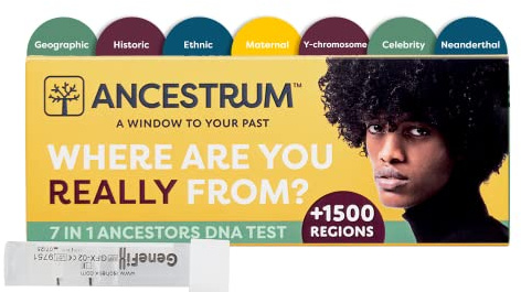 Ancestrum 7 IN 1 Test del DNA | Ancestry: Geografico, Etnico, Storico, Corrispondenza con le celebrità, Materno, Paterno e Neandertaliano | Kit completo per il test a casa.
