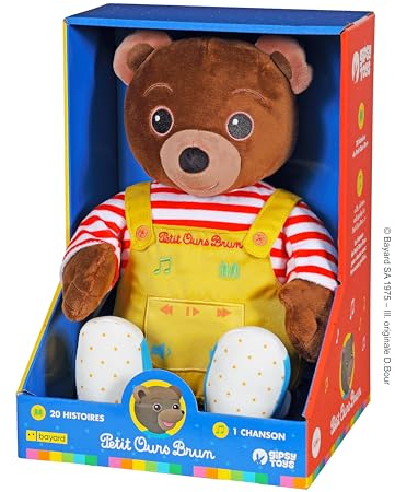 Gipsy Toys - Petit Ours Brun – Peluche Musicale Qui Parle Conteur d'Histoires - 28 cm – Marron Jaune Rouge - Version Française