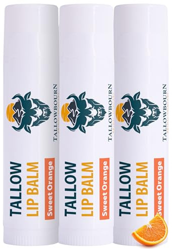Tallowbourn Moisturizing Tallow Lip Balm – Grass-Fed Beef Tallow with Organic Coconut Oil, Beeswax, and Vitamin E – Sweet Orange – Lip Balm Set – Travel Essential – 3-Pack
