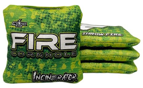 FIRE CORNHOLE Sacs de maïs | Approuvés ACL Pro | Résistants aux intempéries | Taille et poids réglementaires | Série incinérateur | Lot de 4 | Fabriqués aux États-Unis (pomme verte)