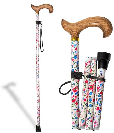 Stützstock aus Aluminium, faltbar, Blumen-Finish und Griff aus warmem Holz, höhenverstellbar 84-92 cm, Gehstock für Tasche oder Koffer nur 30 cm zusammengeklappt (602F)