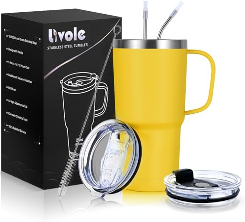Livole 600ml Thermobecher mit Henkel, Vakuum Kaffeebecher Thermo, Edelstahl Thermobecher mit Strohhalm und Deckel, 20oz Doppelwandig Trinkbecher Reisebecher, coffee to go becher, Gelb
