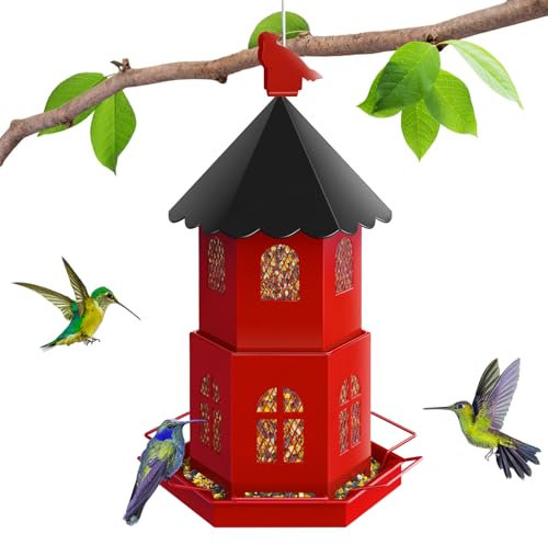 Vogelfutterautomaten für den Außenbereich hängend, Großes Fassungsvermögen Metallgeflecht Wildvogelfutterhaus, Vogelfütterung Eichhörnchen-Proof Unterstützt Kardinal Fink Blauhäher Wildvögel(Rot)