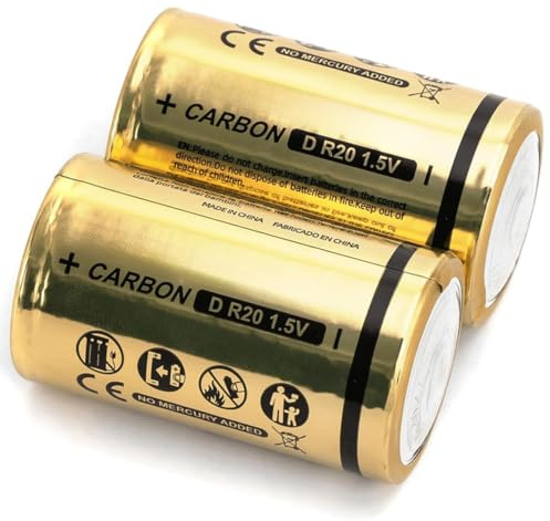 Pila de Carbono-Zinc Tipo R20 D 1.5V, Pack de 2, Ideal para Juguetes, Controles remotos y Dispositivos de bajo Consumo.
