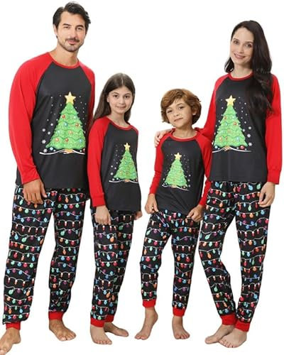 Family Christmas Pyjamas Set-Christmas Pajamas for Family, Christmas Pyjamas Family with Xmas Tree and String Lights Pyjama Jammie,Cotton Xmas Pjs Family,Matching Pjs for Family Couples Adults Kids