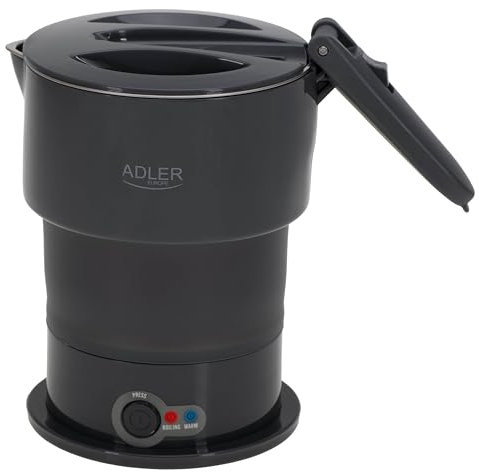 Adler AD 1377 – Faltbarer Reisetauchsieder aus Silikon, kompakt und tragbar, 0,6 L Kapazität, Warmhaltefunktion, Trockengehschutz, abnehmbares Netzkabel, Reiseetui inklusive, Grau