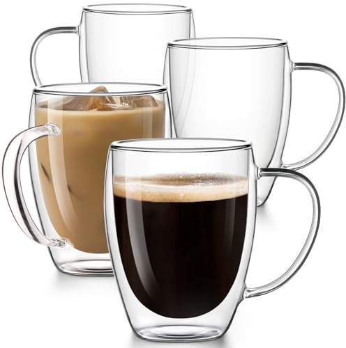 Potdoctor Double Walled Glass Coffee Mugs Set of 4, 12.5OZ Hand Blown Insulated Clear Glass Coffee Cups with Handle,Perfect for Latte,Cappuccino, Espresso, American,Tea Bag, Beverage