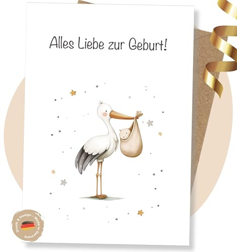 LINDFALL® Premium Glückwunschkarte zur Geburt 'Storch'. Karte Mutterschutz, Aquarell, Klappkarte A6 mit Kraft-Umschlag. Karte Geburt Junge, Mädchen, Beigabe zu Windeltorten Geschenksets