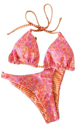 BYFINECANY Women's Floral Print Halter Bathing Suit Reversible High Waist Summer Swimsuit Bikinis Set Orange M