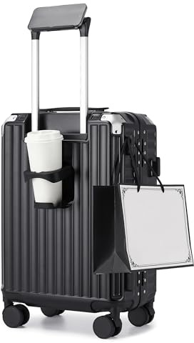 Kono 20 Inch Cabin Suitcase with Cup Holder, 39L PC Carry On Luggage | Zip-Free Aluminium Frame Hard Shell Trolley with TSA Lock, 4 Spinner Wheels, Small Cabin Case for Weekend Travel