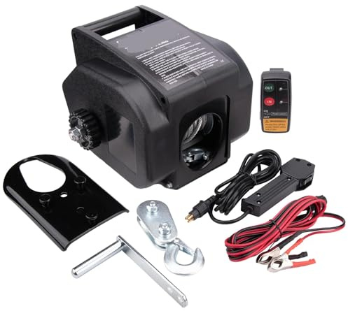 Montacargas eléctrico Polipasto Eléctrico Cabrestante eléctrico de 2000LBS, 12V, entrada/salida con gancho de polea de rueda libre, control remoto inalámbrico
