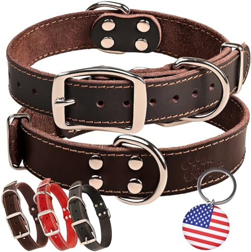 ADITYNA Heavy Duty Leather Dog Collar for Medium Dogs - Soft and Strong Collar for Walking, Training, Hiking, and Running (Medium: Fit 13 - 20 Neck, Brown)