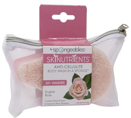Spongeables Skinutrients Anti-Cellulite Body Wash in a Sponge, Spa Cellulite Massager, Reduce The Appearance Of Cellulite, Moisturizer and Exfoliator, English Rose, 1 Count
