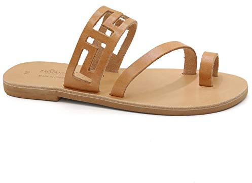 Emmanuela antika grekiska handgjorda platta lädersandaler med män, högkvalitativa remmar sommarskor för kvinnor, slide sandaler med öppna tår, Beige, 37 EU