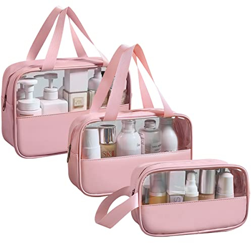 Mikytoper Clear Toiletry Bag 3 pcs, Waterproof Wash Bags Set in PVC | Large Capacity Makeup Bag with Handle, Toiletry Bags for Women with Zipper, Travel Cosmetic Bag for Men and Women