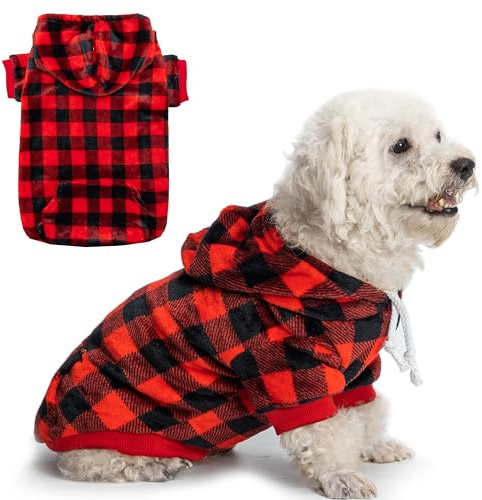 ALUZAEMO Dog Hoodie for Large Meidum Small Dogs, Winter Plaid Fleece Warm Hooded Dog Hoodies Christmas Pet Sweatshirt Clothes with Pockets for Cold Weather (S-XXL)