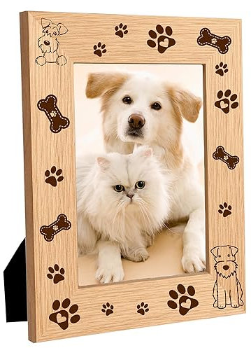 CREATCABIN Cadre Photo en Bois Chien, Patte d'Animal Compagnie, Gravé pour Chat, Table Bois pour Carte Postale Suspendre, Galerie Murale, Anniversaire, Noël, Maison, 21.8x16.8cm