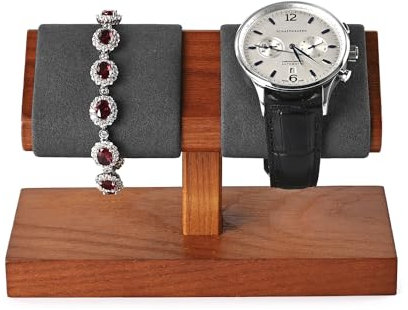 Oirlv Solid Wood Double Watch Display Stand Watch Bracelet Organizer（Grey）