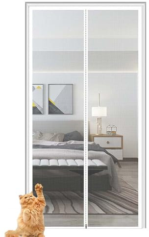 Custom Size Cat Screen Door, Thickened Cat Resistant Partition Mesh Screen Door with Zipper for Living Room Bedroom Patio Kitchen, Anti-Insect Flies (I-Zipper Opening,White)