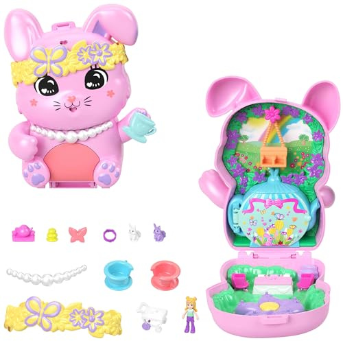 Polly Pocket Puppen und Spielset, Teeparty-Häschen-Schatulle, Spielzeug für unterwegs mit 1 kleinen Puppe, Häschen, Zubehör für Styling und Essen, JCR40