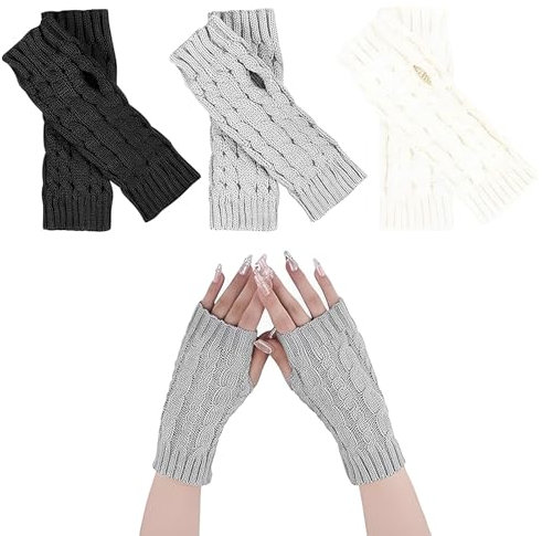 MOAZIFI 3 Paar Halb Fingerlose Handschuhe, Pulswärmer Damen, Handstulpen, Unisex Winter Strickhandschuhe Ohne Finger