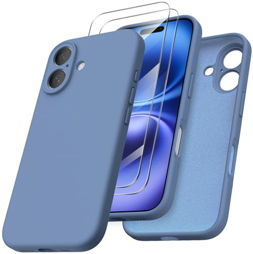 ORNARTO für iPhone 16 Hülle mit Kameraschutz u. 2 Schutzfolien, flüssiges Silikon Handyhülle iPhone 16 6.1 Zoll, stoßfeste iPhone 16 Schutzhülle mit Mikrofaser - Französisch Blau