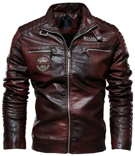 SHAIYOU Chaqueta Bomber Moto Piel Sintética PU para Hombre, Forro Terciopelo Motociclista Invierno para Hombre, para Montar En Motocicleta, Fiestas Disfraces, Salidas, Viajes, Etc (Red,M)