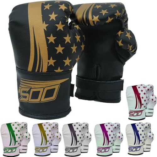 Kids Junior 2oz Pro Boxing Gloves, Kickboxing Fight Gloves, Sparring Training Punching Mitts, Heavy Bag Punch Bag MItt for Boxing Fighting Gloves Girls & Boys (Black/Gold)